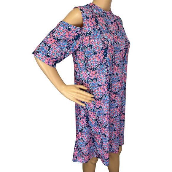 2/$15 Simply Southern Pineapple Print Cold Shoulder Dress Pockets Size M - Picture 3 of 11